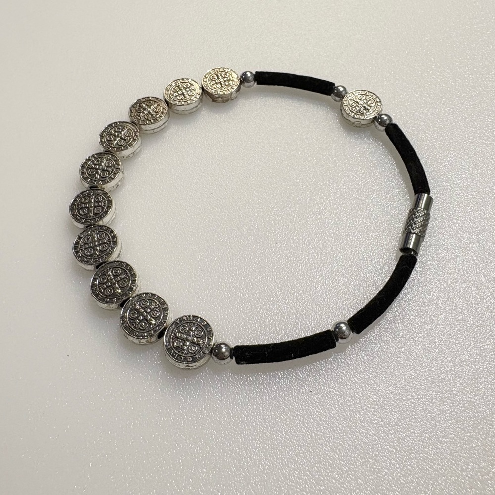 St. Benedict Double Sided Black Silver Tone Screw Closure Bracelet